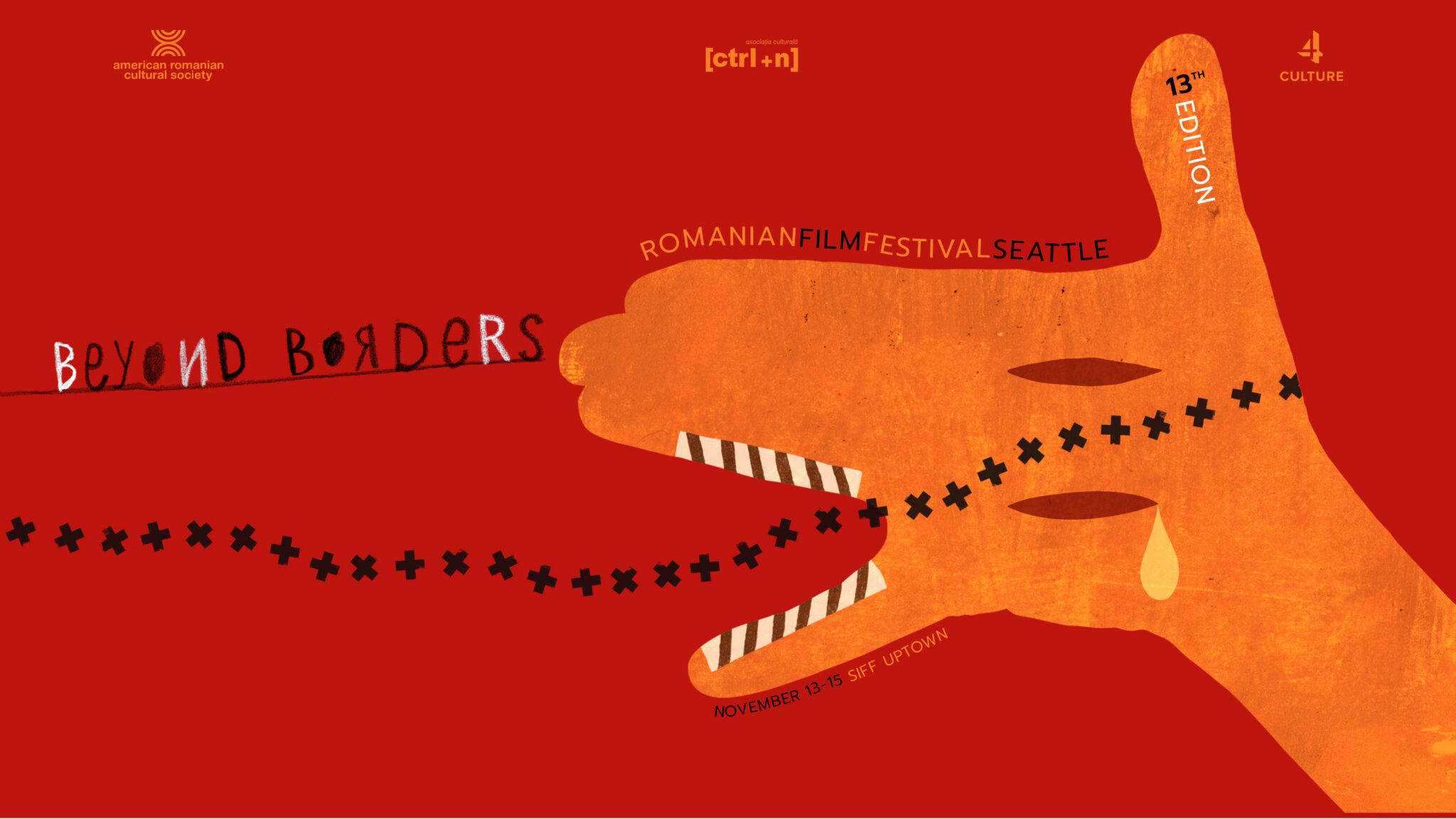 Poster announcing the 13th Romanian Film Festival Seattle; orange hand silhouette on red background, with dates November 13–15 at SIFF Uptown.
