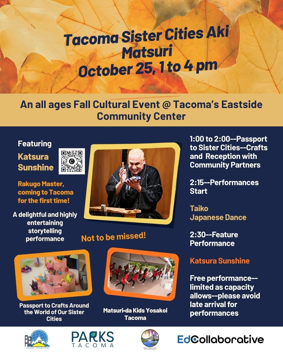 Poster for Tacoma Sister Cities Aki Matsuri on October 25, 1–4 pm at Tacoma’s Eastside Community Center, featuring Katsura Sunshine and multiple performances.