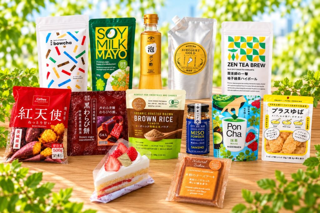 Assortment of packaged snacks and drinks on a wooden table outdoors with greenery in the background.