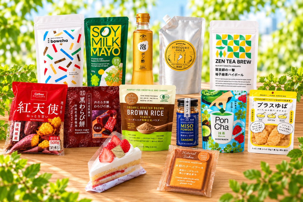 Assortment of packaged snacks and drinks on a wooden table outdoors with greenery in the background.