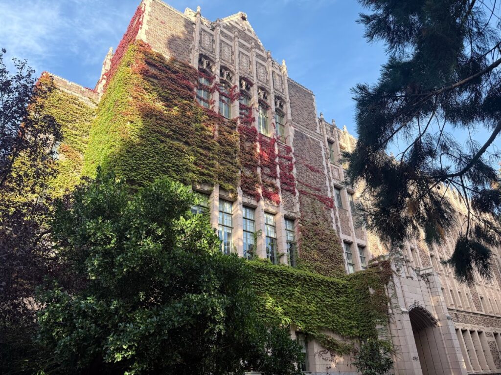 Gothic-style brick building covered in green and red ivy, with arched windows and a blue sky above, framed by trees on both sides.